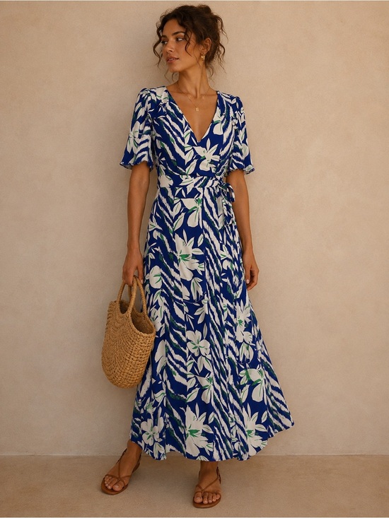 French Connection Dresses & Skirts - French Connection Cobalt Blue Floral Tropical Wrap Maxi Dress cape sleeves XS